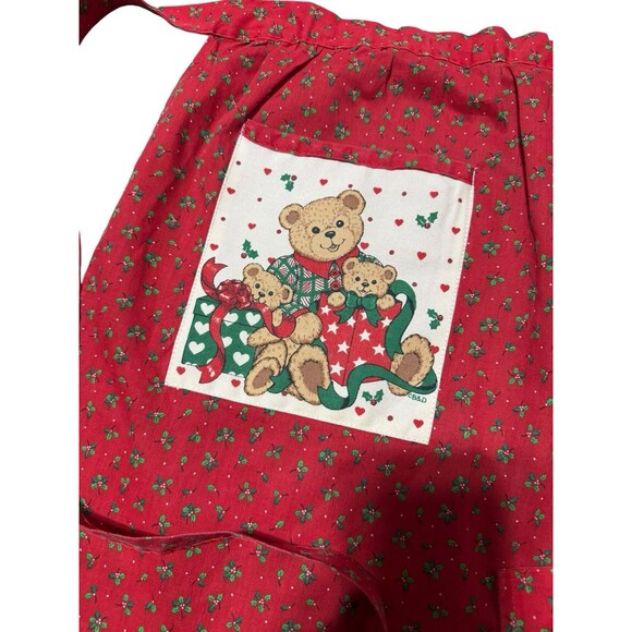 Christmas Apron Vintage Red Teddy Bears Green Holly Waist Gourmet Gallery Waist - Picture 2 of 8